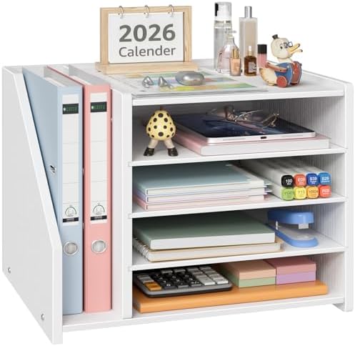 4-Tier White Wood Desk Paper Organizer, Modern Desktop Letter Tray for File Folders, White Office Desk Shelf Accessories & Workspace Organizers for A4 Documents, Sturdy Wood Sorter by Unknown