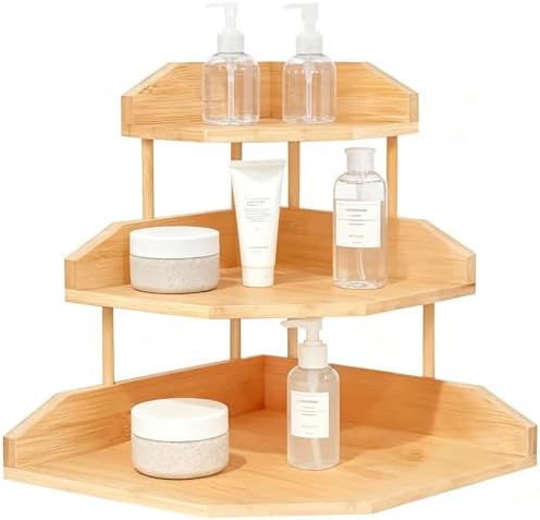 Bamboo Corner Desk Organizer Shelf, 3-Tier Triangle Storage Rack for Office & Home, Space-Saving Desktop Shelf for Books, Stationery, Makeup, Small Items by HYNAWIN