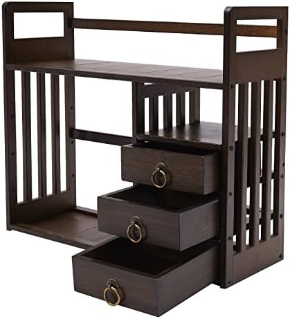 Bamboo Bookshelf Desktop Organizer,Large Capacity Wood Desk Rack,Book Storage Shelves w/3 Drawers for Office Supplies,Home Decor,Bedroom,Dormitories (Walnut) - Image 4