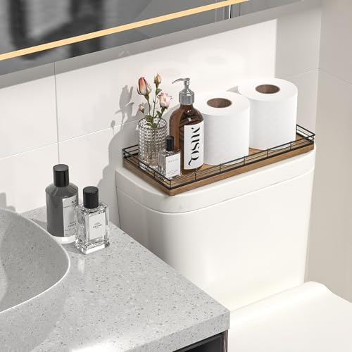 Bathroom Toilet Tank Tray, 13" Wood Toilet Paper Storage Basket Tray Back of Toilet Basket Organizer,Vanity Tray for Perfume Makeup Candle Decor, Black & Farmhouse Brown - Image 4