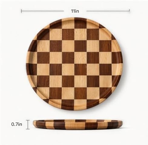11 Inch Checkered Tray Round Wooden Trays for Decor, Acacia Wood Decorative Plate for Coffee Table, Kitchen Counter, Bathroom Vanity, Candle Holder & Table Centerpiece - Image 2