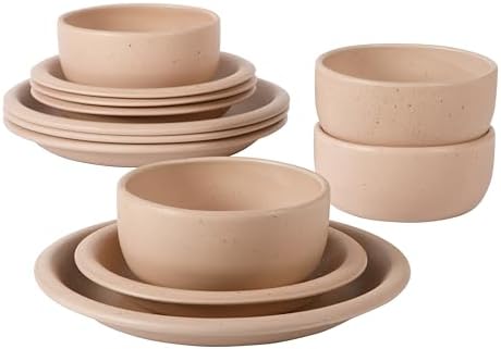 Bloomhouse - Two Time Oprah's Favorite Things Winner - Corsica Clay 12 Piece Stoneware Rustic Reactive Glaze Dinnerware Set - Stackable Plates and Bowls Set. Service for 4 - Matte Prosecco Blush Pink - Image 6
