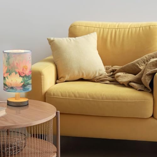 Art Painting Lotus Flowers and Leafs Bedside Table Lamps with USB Port for Bedroom Lamp Table Lamp Small Nightstand Lamp Linen Shade Wooden Base Decorative Lamps for Home Dorm Office Living Room - Image 2