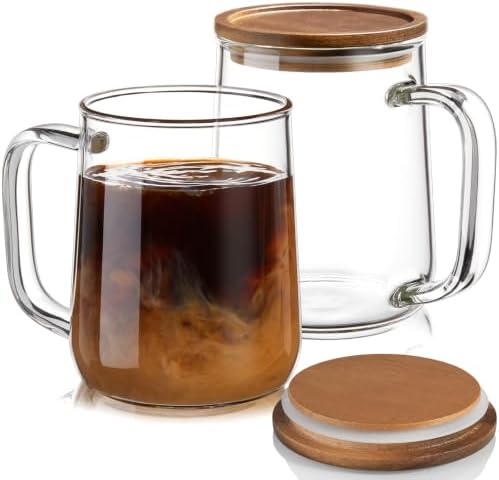 Large Glass Coffee Mugs, 24 oz Glass Coffee Cups with Acacia Wood Lids, Clear Borosilicate Glass Mugs with Handles for Cappuccino, Tea, Latte, Hot/Cold Beverages, Wine, Americano, Set of 2 by Unknown