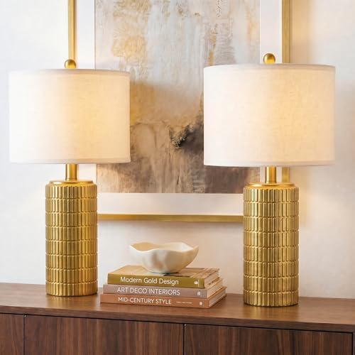 PoKat 23" Brass Gold Ceramic Table Lamps for Living Room, Retro Warm Gold Lamps for Night Stands, Vintage Bronze Decorative Lamps for Bedroom, Antique Gold Brown Nightstand Lamps for Home Decor by Pokat