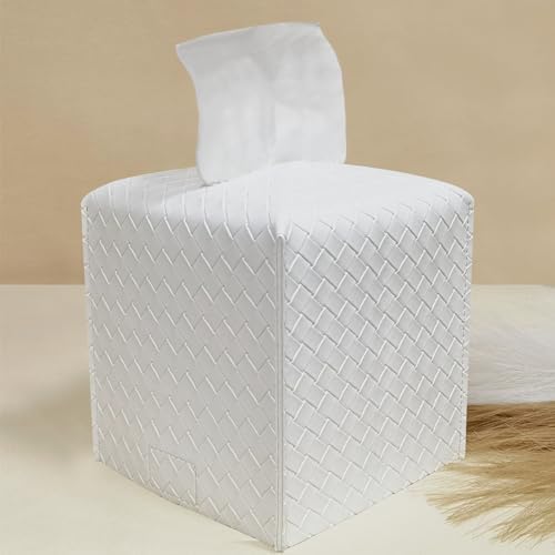 HOMOTEK 2 Pack Tissue Box Cover,PU Leather Tissue Holder,Square Decorative Facial Tissue Cube Paper Organizer Dispenser for Bathroom, Night Stands, Desk, Car 5X5X5'' - Woven Waffle, Pure White - Image 3