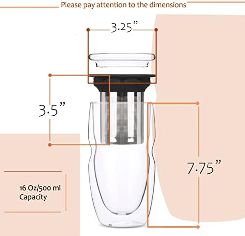 BTaT- Double Wall Glass Tea Cup With Stainless Steel Infuser and Lid, 16 oz, Borosilicate Glass Tea Mug Infuser, Gifts for Tea Lovers - Image 3