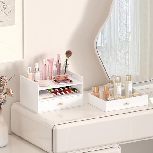 Bamboo Desk Organizer - Stackable, No Assembly Required, Ideal for Office/Home Use - Perfect for Toiletries, Stationery, Accessories. (White, Two level drawer box with sides) - Image 4