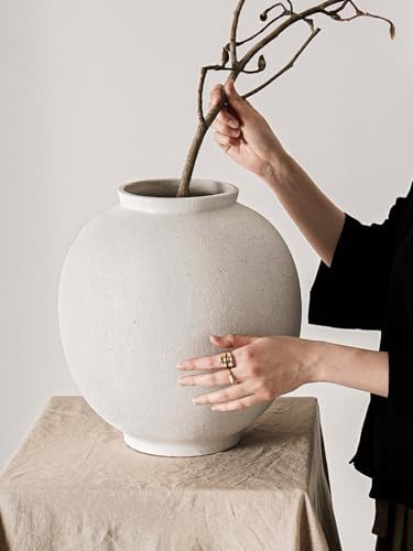 White Ceramic Vase - Large 13.5 Inch Round Floor Vase for Centerpieces, Farmhouse Flower Vases, Rustic Minimalist Home Decor (Sandstone White) - Image 4