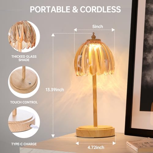 Shenmoyl Tulip Table Lamp with 5200mAh Battery & Touch Control, Small Cordless Table Lamp with 3 Colors, Rechargeable Battery Operated Table Lamps for Bedroom, Desk, Bedside (Amber-Beech Color) - Image 6