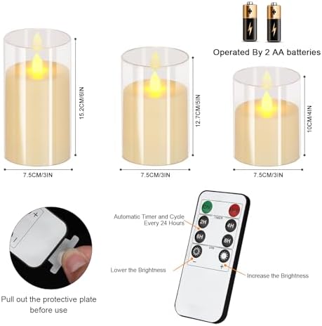 wemarry Flameless Candles 4" 5" 6" Acrylic Glass Pillars 3" Diameter Battery Operated Flickering Candles Include 8-Key Remote with Timer Function 400+ Hours (Pure White, Warm Light 9 Pack) - Image 6
