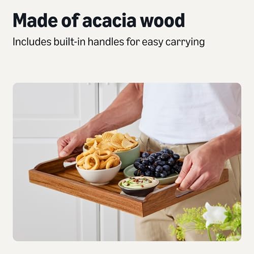 Amazon Basics Wooden Serving Tray, 17" x 12" Acacia Wood Decorative Tray Platter With Built-in Handles for Breakfast in Bed, Food & Drinks, Entertaining, Coffee Table & Ottoman - Image 3