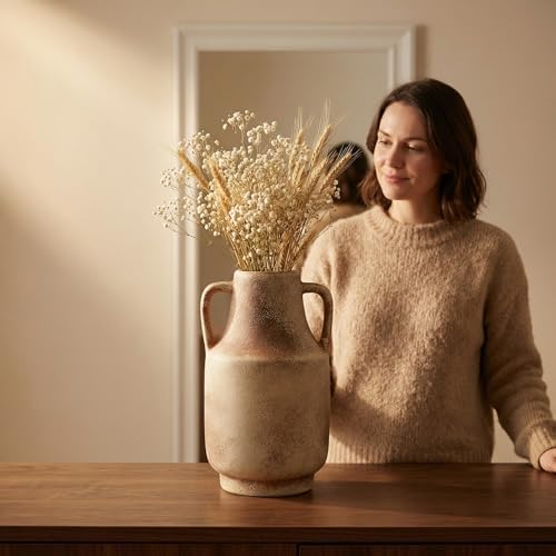 Farmhouse Vase with Handles, 11 Inch Large Terracotta Pot, Rustic Ceramic Floor Vase for Dried Branches & Florals, Neutral Centerpiece for Living Room, Entryway, Coffee Shop DecorG - Image 6