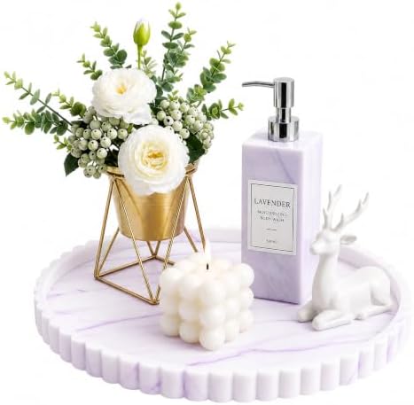 Silicone Bathroom Vanity Trays for Counter - 9.1 Inch Round Small Bathroom Tray with Scalloped Edge, Coffee Table Decor, Decorative Tray for Candle Key Skincare Perfume Storage, Marble White Purple by METEOROCK