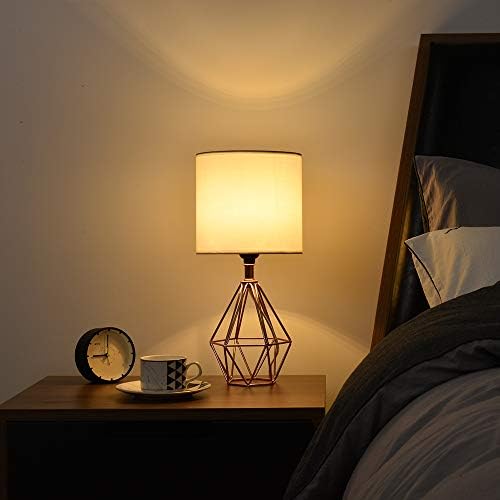 Rose Gold Bedside Table Lamp,Modern Small Desk Lamp with TC Fabric Shade Geometric Metal Base for Kids Living Room Bedroom Nightstand - Image 4