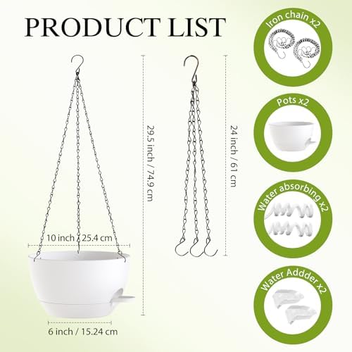 10 Inch Hanging Baskets 2 PC with Chains, Self-Watering Hanging Planters for Indoor Outdoor Plants, Plastic Hanging Flower Pots,White - Image 2
