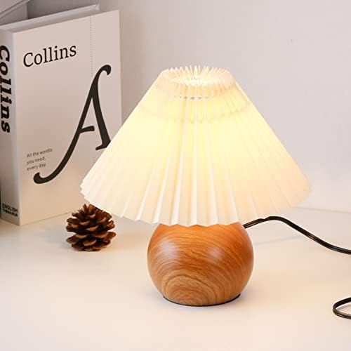 KUNJOULAM Cute Small Pleated Lamp, Modern Bedside Nightstand Light with Beige Lampshade, Wooden Pattern Metal Base Desk Lamp for Bedroom, Home Office, Living Room - Image 6