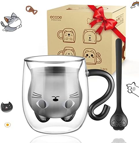 ecooe Cute Cat Mug Glass Coffee Cup 9.8oz Double Walled Glass Mug Latte Cup by ecooe