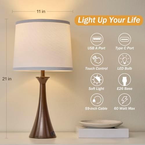 Touch Table Lamps Set of 2, 21" Bedside Lamps with USB C+A, Brown - Image 2