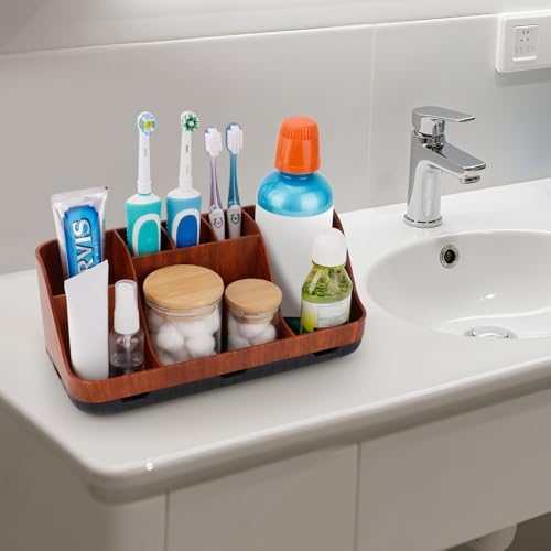 GFWARE Bathroom Decor and Accessories - Detachable 7 Slots Kids Electric Toothbrush and Toothpaste Holde for Bathroom Tray Countertop Vanity Storage, Bathroom Sink Storage Organizer, Red Wood - Image 6