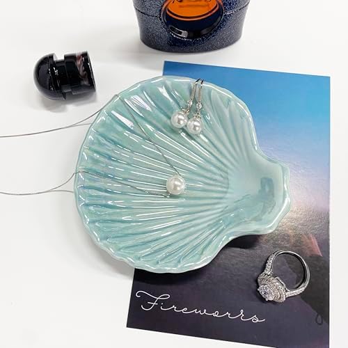 Ring Dish Shell Shape Ceramic Jewelry Dish Tray, Decorative Trinket Dish Organizing Rings Earrings Necklaces Keys for Mom Friend Sister, 3.9", Blue Iridescent Surface - Image 4
