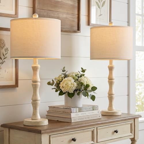 BOBOMOMO 25" Farmhouse Bedside Lamps Set of 2, Vintage Nightstand Lamps with Antique White Resin Base & Linen Shade, Standard Table Lamps for Bedroom, Living Room, End Table & House Décor by BOBOMOMO