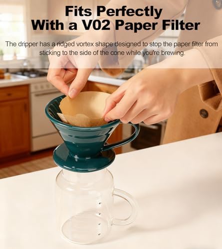 Pour Over Coffee Dripper - Ceramic Pour Over Coffee Maker Cone, Porcelain Coffee Drip, Pour Over Single Cup, Manual Brew Maker for Home, Cafe, Office - 1-4Cup, V60 Size 02 (Dark green) - Image 3
