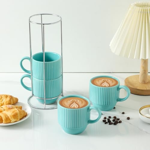 Hasense Coffee Mug 12 oz Set of 4 with Rack - Stackable Coffee Cups Ceramic, Modern Ribbed Latte Cup Sets for Cappuccino, Tea, Espresso, Hot Cocoa, Drinks - Dishwasher & Microwave Safe, Turquoise - Image 2