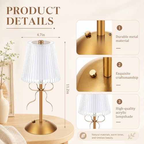 Liliful 2 Pcs Cordless Table Lamp LED Touch, Gold, Hollow Lined Style Bow - Image 2