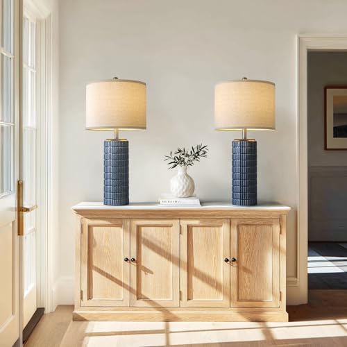 PoKat 27.5'' Tall Table Lamps for Living Room Set of 2, Ceramic Bedroom Lamps for Night Stands, Modern Bedside Lamps for Bedroom Living Room, Nightstand Lamps for Side End Table Hallway, Blue by Pokat