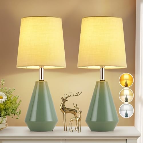 Small Bedside Table Lamp for Bedroom-Reading Desk Lamp Set of 2,with 3 Color Temperatures,15.5" Nightstand Ceramic Lamp with Fabric Shade for Kids Room,Living Room,Dorm,Home Office (Green) by Illuminatingyoumeandhim