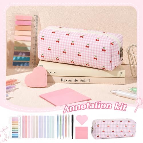 22Pcs Book Annotation Kit Aesthetic Pencil Case with Supplies School Annotation Supplies Gel Pen Transparent Sticky Note Taking Bible Study College Stationery Supplie (Pink Cherry) - Image 4