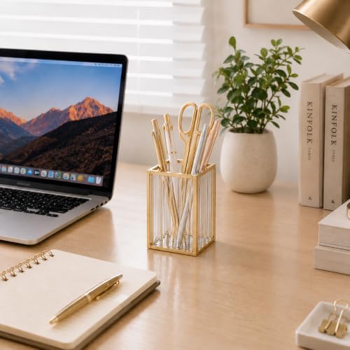 Feyarl Ribbed Glass Pen Holder Gold Metal Desk Organizer for Pens Pencils Markers Makeup Brushes Decorative Striped Glass Pencil Cup for Office Desk Vanity Home Decor - Image 2