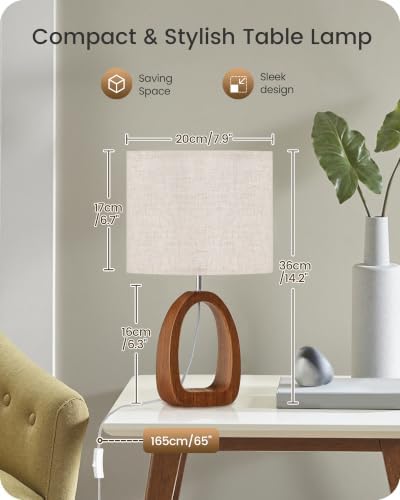 Small Table Lamp, 14.2" Cute Little Desk Lamp, Wood Bedside Lamp with Linen Lampshade, Modern Nightstand Lamp for Bedroom, E26 Base, Bulb Not Included, Beige and Dark Natural LE07TL05 - Image 4