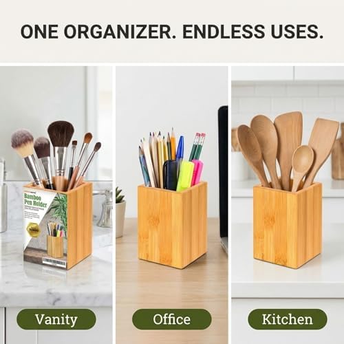 Eco-Friendly Bamboo Pen Holder | Minimalist Wooden Pencil Cup | Natural Desk Organizer Box for Office, School, or Vanity | Sustainable Square Storage Container | Unpainted Finish - Image 3