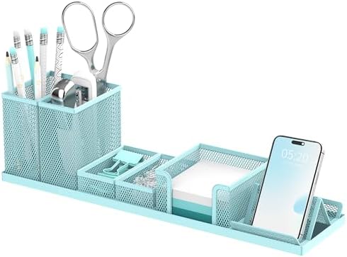 Pen Holder for Desk, 6-Piece Mesh Desk Organizer with Phone Holder, Blue by SUPEASY