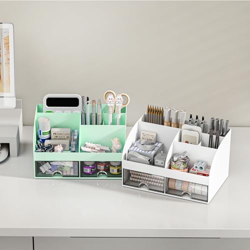 COMFYROOM Desk Organizer with 6 Compartments and 2 Drawers, Plastic Makeup Organizer, Pen Holder for Desktop Storage, Desk Organization for School, Home, Office Supplies (Mint Green) - Image 5