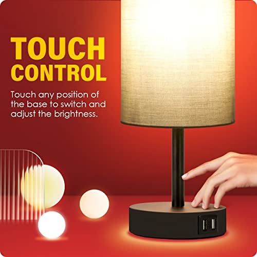 Yarra-Decor Bedside Lamp with USB Port - Touch Control Table Lamp for Bedroom 3 Way Dimmable Nightstand Lamp with Round Grey Fabric Shade for Living Room, Dorm, Home Office (LED Bulb Included) - Image 5