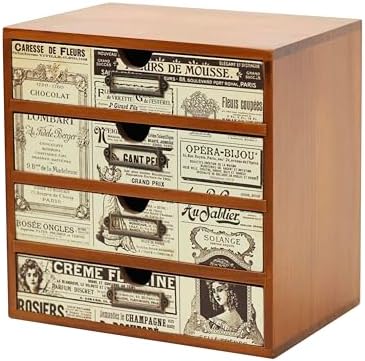 4-Drawer Vintage Ephemera Pattern Desktop Organizer - Arts and Craft Newspaper Design Desk Storage Cabinet - Ephemera Wood Shelf Drawers with Label Holders - Scrapbook Collecting by Woodaholic