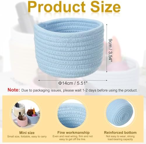 uxcell Blue Small Cotton Rope Woven Storage Basket, Shelf Closet Storage Gift Woven Baskets Cute Nursery Box Bin Decor Organization Bin for Home Supply, Round, 5.6x3.6 - Image 2