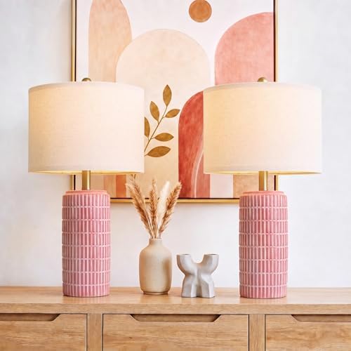 PoKat 23" Ceramic Table Lamps for Living Room, Farmhouse Bedside Lamps Set of 2 for Bedroom, Rustic Nightstand Lamps for Office Sideboard Entryway Hallway Decor Gifts (Matte Red) by Pokat