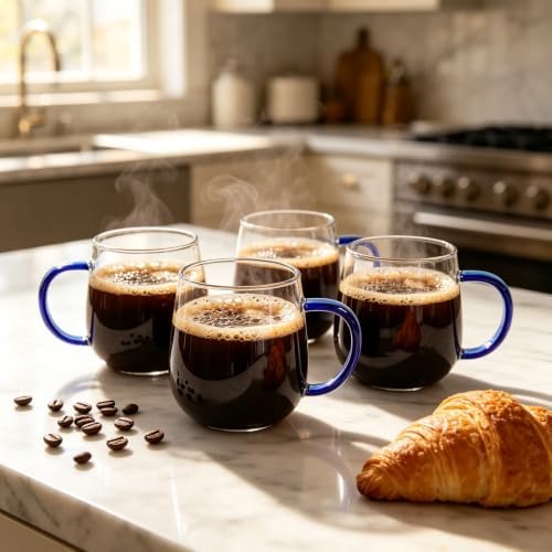 4 Pack Durable 16 oz Glass Mug with Blue Handle, Premium Glass Coffee Mugs & Glass Coffee Cup Set for Coffee Latte Espresso Daily Beverages - Image 2