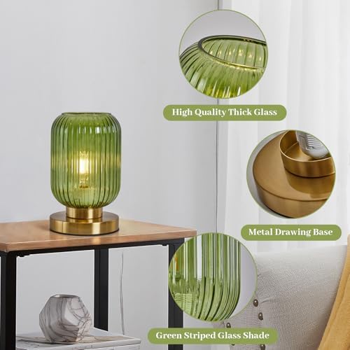 Green Glass Table Lamp,Vintage Gold Base Ribbed Bedside Lamp - Image 5