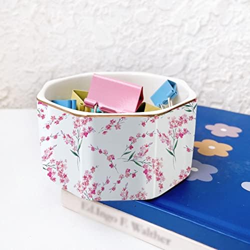 Ceramic Paper Clip Holder Gold Line Paper Clip Dispenser Organizer for Desk Cute Floral Pattern Office Binder Clip Holder Bobby Pin and Hair Clip Holder Gift for Office Pink Flowers - Image 2