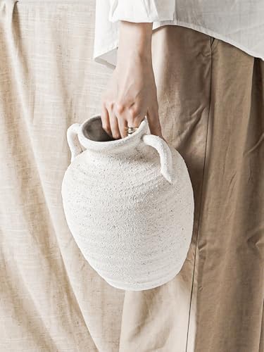 White Ceramic Vase with Handles, 9.5Inch, Farmhouse Rustic, Gritstone White - Image 4