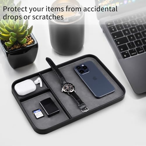 SENEN Leather Tray, Stylish and Organized Multifunctional Tray, for Table Entryway, Premium PU Leather, Catchall Tray for Keys, Watch, Wallet, Jewelry, and More (Black Frame) - Image 3