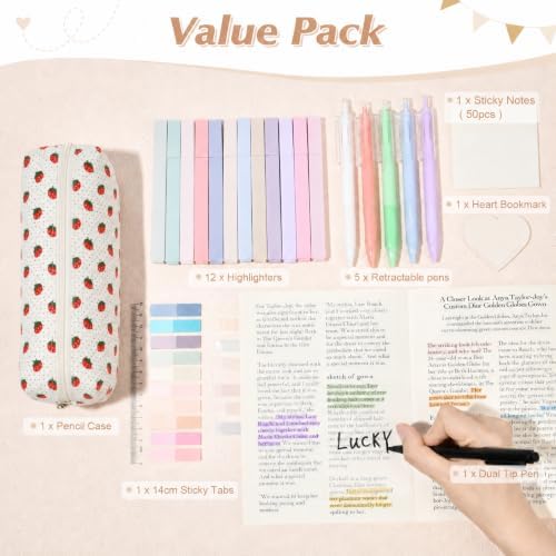 22Pcs Book Annotation Kit Aesthetic Pencil Case with Supplies School Annotation Supplies Gel Pen Transparent Sticky Note Taking Bible Study College Stationery Supplie (White Strawberry Dot) - Image 2