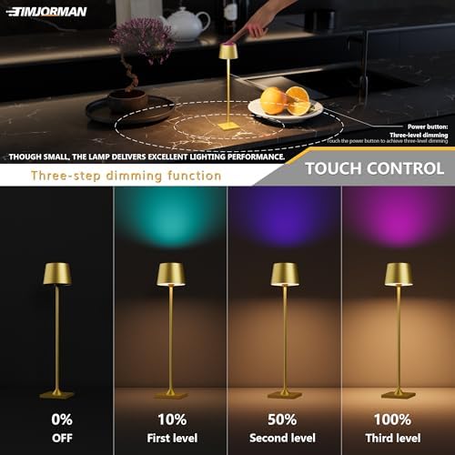 Timjorman Compact Cordless Table Lamp, Rechargeable LED Night Light, Dual Light Source (RGB Top & Warm Bottom), Touch Control & Timer, Metal Lamp for Bedroom & Kids Room (Golden 1-Pack) - Image 4