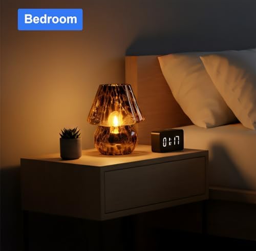 AFORTLO Battery Powered Mushroom Table Lamp with Timmer,Cordless Small Atmosphere Glass Table Lamp,Portable Decovative NightLight for Corner/Entryway/Stairway/Bathroom/Fireplace (Black Flower) - Image 5
