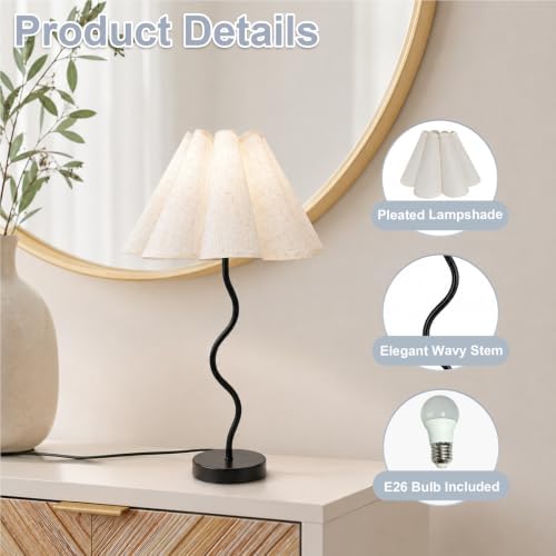 Pleated Table Lamp, Modern Bedside Lamp with Wavy Scalloped Shade (Black) - Image 6